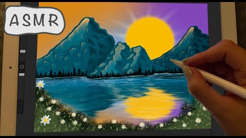 iPad ASMR - Teaching you how to paint a simple landscape - clicky whispers - writing sounds