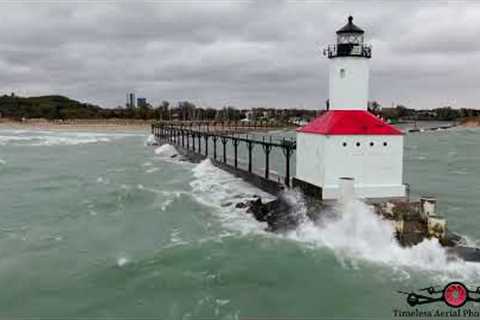 Beach GONE! Gale Winds Slamming Lake Michigan Lighthouse & Shoreline Must See Drone Footage 4K