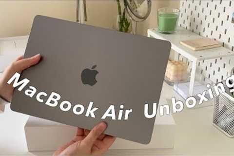 MacBook Air M2 (space gray) + Airpods 3rd generation aesthetic unboxing, accessories, setup ☁️