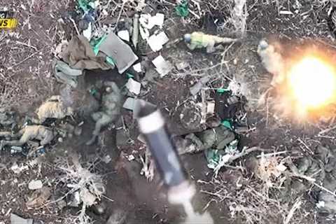 Horrible Footage!!! Ukrainian Dji Drones Drop 20 Bombs into 150 Russian Soldiers Hiding in Trenches