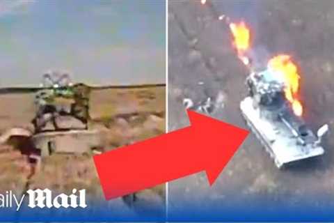 Ukraine FPV drone blows up enemy tank leaving Russian soldiers leaping for their lives