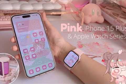 PINK iPhone 15 Plus & Apple Watch series 9 unboxing 🌸 cozy pink aesthetic asmr ✨ maono..