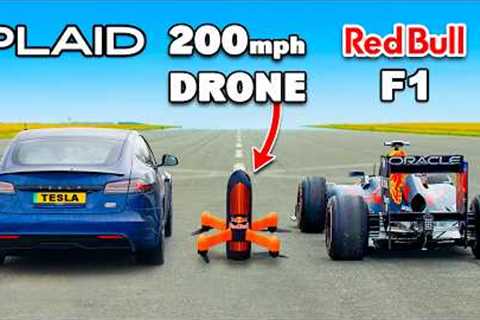 Tesla S Plaid v 200mph F1 Drone: DRAG RACE