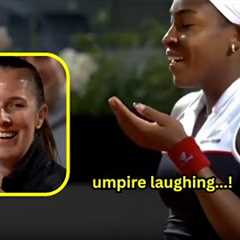 Coco Gauff hits a serve but doesn’t realize Zheng wasn’t at the baseline