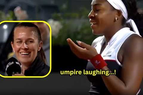 Coco Gauff hits a serve but doesn’t realize Zheng wasn’t at the baseline